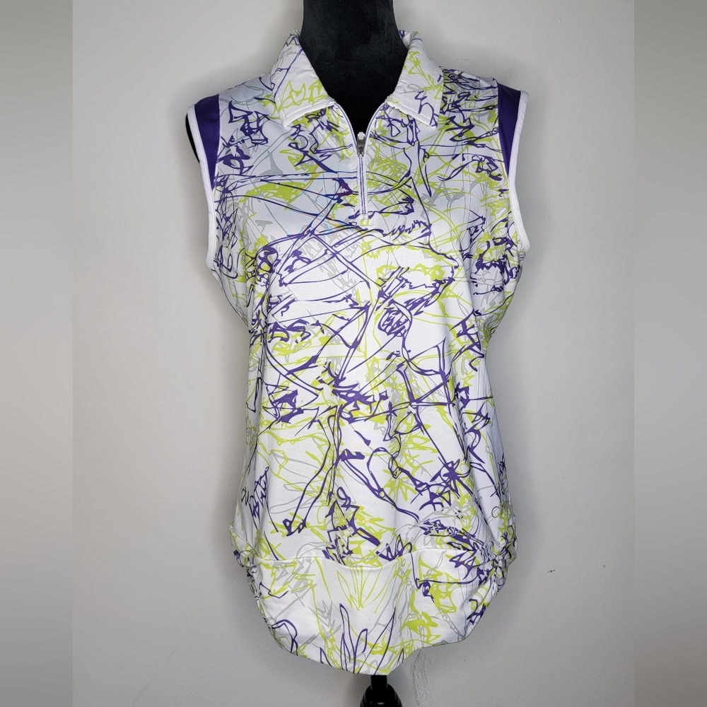 Nivo Women's Sleeveless Squiggle Pattern Collared 3/4 Zipper Golf Polo Shirt L 2